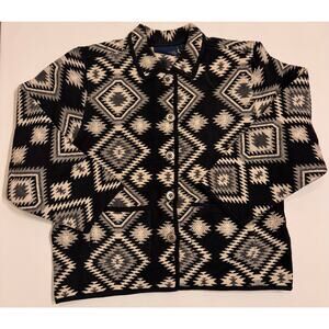 Vtg Jane Ashley Women's Button-Up Tapestry Jacket Black/White Aztec Print Sz L